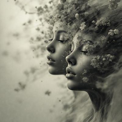 The primary subject of the image is a woman's face, which is depicted in two different ways. One version of the face is shown in a close-up, while the other is shown in a more distant view. The setting is a flower-filled background, which adds a sense of beauty and tranquility to the scene. The visual style is a combination of digital art and illustration, creating a unique and artistic representation of the woman's face. The colors and mood of the image are predominantly white and